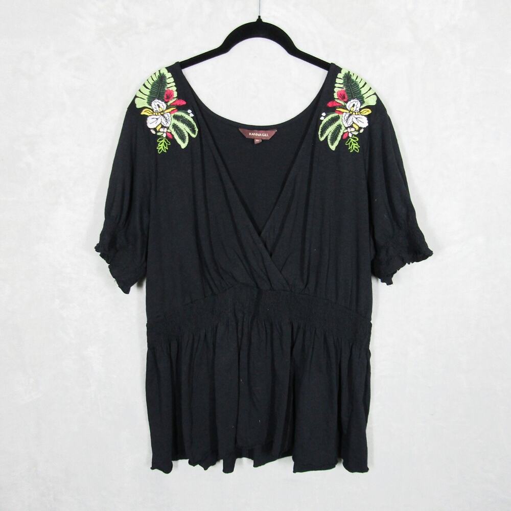 Ranna Gill Anthropologie Top XL Blouse Hibiscus Boho Tribal Embroidered Black